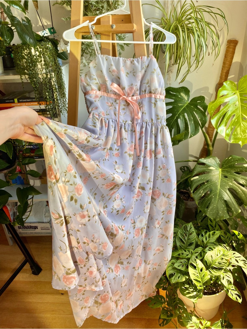 Cottagecore Whimsy Pastel Blue Floral A-Line Midi Dress with Pink Ribbon
